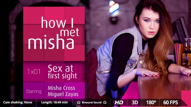 Misha Cross gives a blowjob in a POV VR scene filmed in 4K resolution with Miguel Zayas in a 180 degree view.