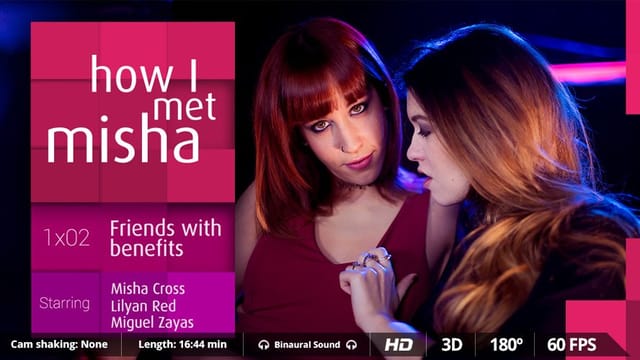Misha Cross and Lilyan Red engage in group sex and anal with Miguel Zayas in a VR porn scene featuring 4K resolution and European models.
