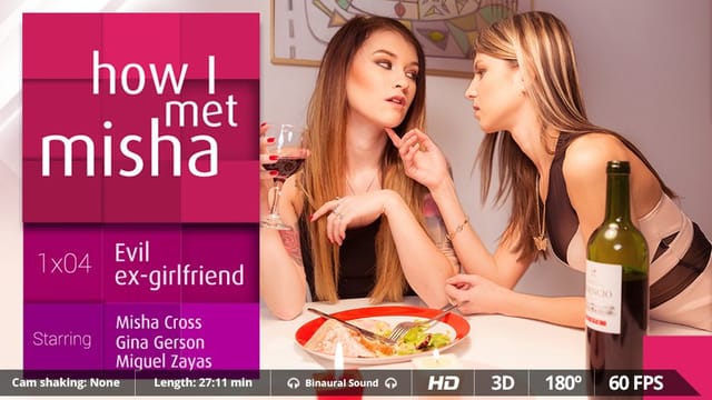 Gina Gerson receives a blowjob from Miguel Zayas while Misha Cross watches in a VR POV scene filmed in 60 FPS.