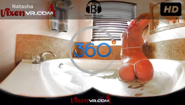 Natasha poses in lingerie during a 4K solo VR bathing scene captured in 180 degrees.