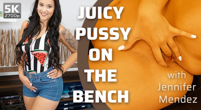 Jennifer Mendez performs solo on a bench in this 60 FPS European VR video featuring premium adult content.