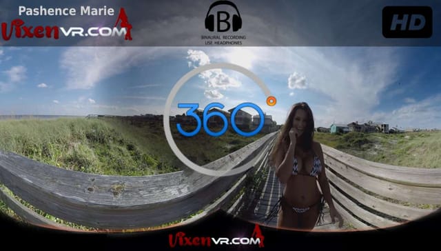 Pashence Marie poses solo on a sunny beach in this 60 FPS 4K VixenVR video shot in 3D passthrough mode.