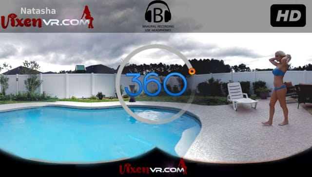 Natasha wears lingerie in a pool during this 4K VixenVR solo outdoor video.
