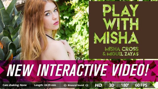 Blonde model Misha Cross performs a POV blowjob in a 4K VR scene with Miguel Zayas.