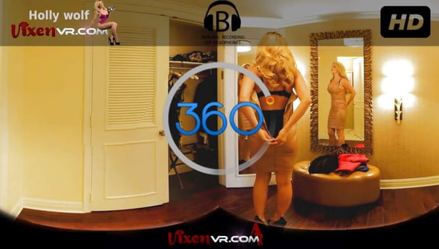 Holly Wolf wears high heels in a group dressing room during a 4K VR fingering scene with 60 FPS playback.