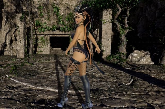 CGI jungle queen poses in a 3D virtual environment with ray tracing, binaural sound, and 180 degree VR viewing.