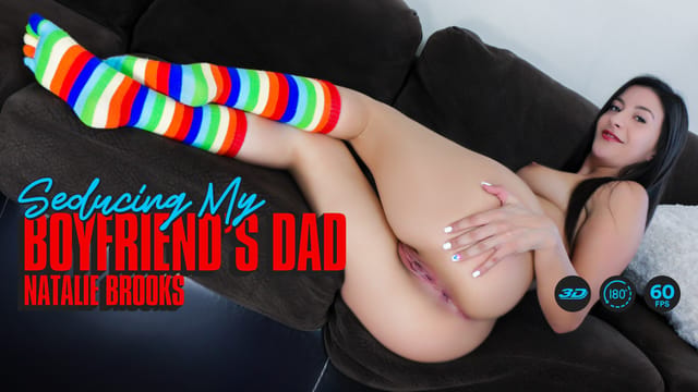 Brunette Natalie Brooks receives a blowjob from her boyfriend's step dad in a 4K VR POV scene filmed at 60 frames per second.