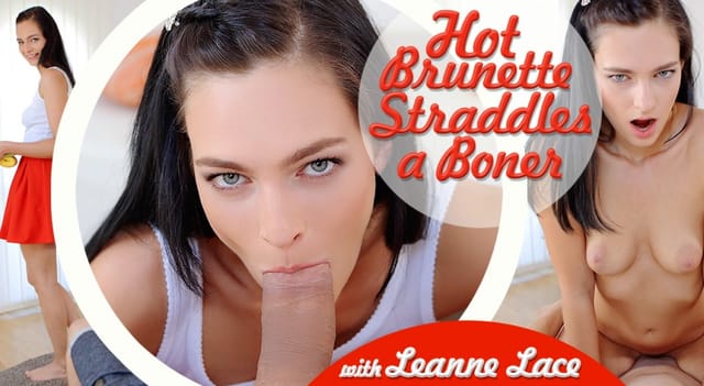 Brunette Leanne Lace straddles a man in a POV VR scene featuring European teen models in 60fps resolution.