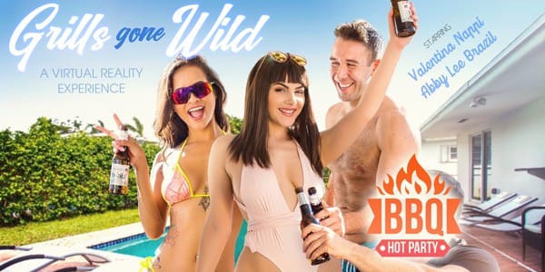 Valentina Nappi and Abby Lee Brazil perform group sex in a VR Bangers 4K POV scene featuring anal and oral acts.