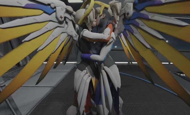 Mercy from Overwatch engages in kinky music and kissing scenes in this 4K VR parody by VRAnimeTed.