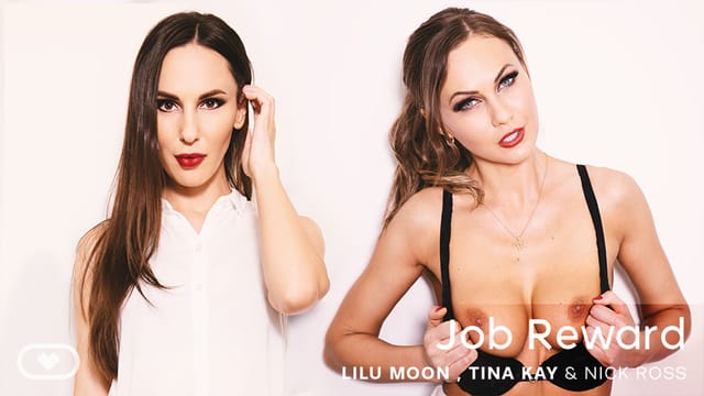 Lilu Moon and Tina Kay perform oral sex in a job reward VR scene featuring POV kissing and 60 FPS quality.