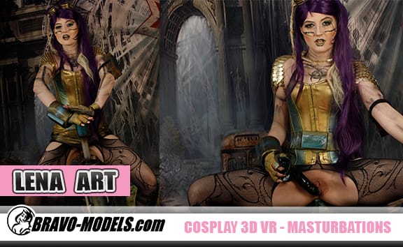 Lena Art performs masturbation in a solo cosplay scene recorded in 4K 180 degree VR passthrough.