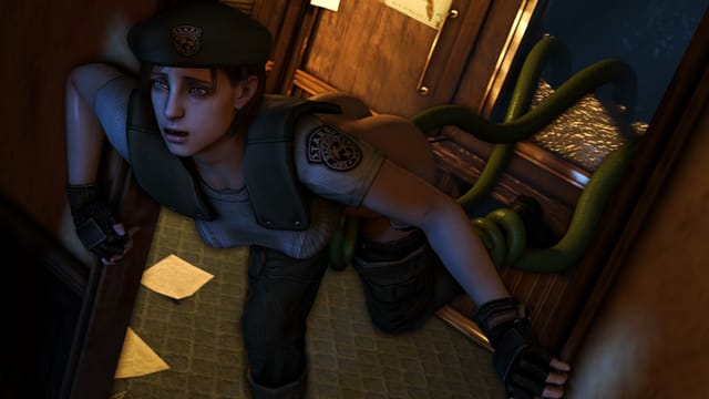 Jill Valentine in a blonde wig performs explicit acts in a dark room within a 180-degree 4K VR scene by DarkDreams