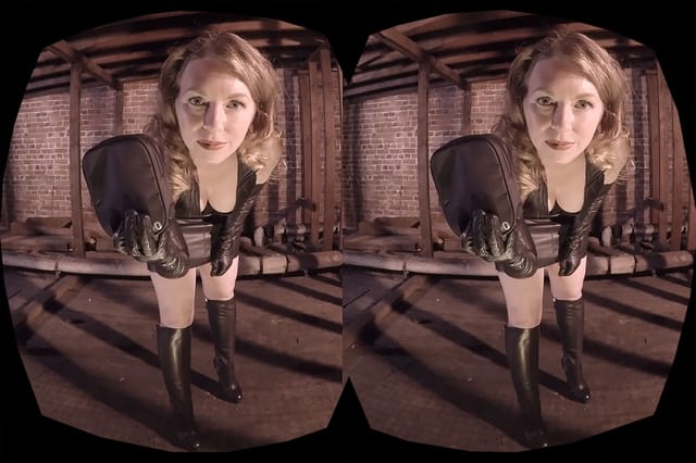 Mistress T in lingerie performs a solo chastity punishment scene in 4K VR for HologirlsVR.