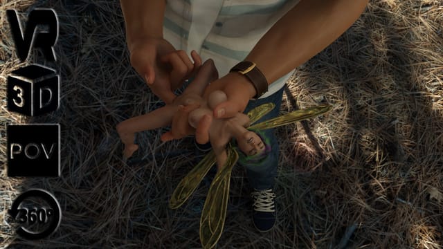 CGI woodland fairy receives fingering in a forest setting, presented as a 360 degree 4K virtual reality animation