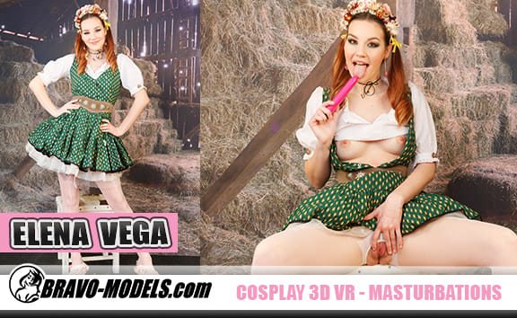 Brunette Elena Vega performs a solo cosplay in 4K 60 FPS VR passthrough