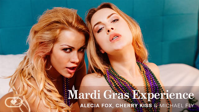Alecia Fox and Cherry Kiss perform oral sex in a VR POV Mardi Gras setting with 60fps passthrough.