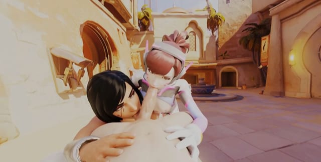 CGI D.va and Pharah in a threesome blowjob scene, presented in 4K VR 180-degree passthrough view.