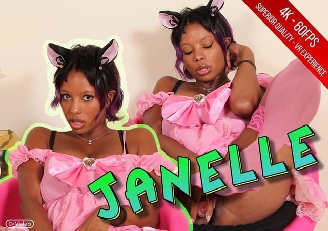 Brunette model Janelle plays with a dildo while wearing pink stockings and kawaii slippers in this 4K VR solo video.