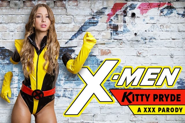 Taylor Sands in Kitty Pryde costume performs oral sex in a VR POV scene with 60fps European cosplay production.