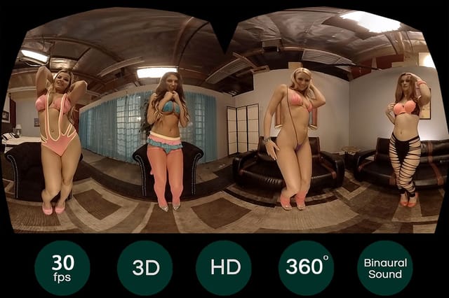 Brunette models August Ames, Anikka Albrite, and Karlie Montana wearing lingerie in a VR 4K scene titled HoloGirls Their First Time