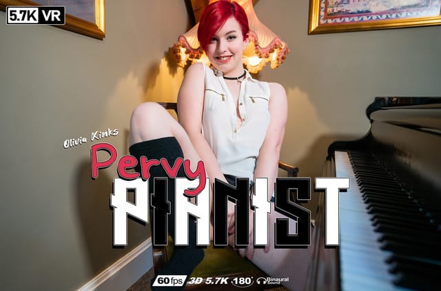 Redhead Olivia Kinks plays piano in a solo VR scene, shot in 4K and 60 frames per second by WankitNowVR.