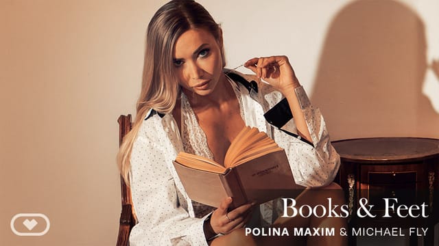 Polina Maxim performs a footjob and blowjob in a library setting during this 60 FPS VR POV video by Virtual Real Porn.