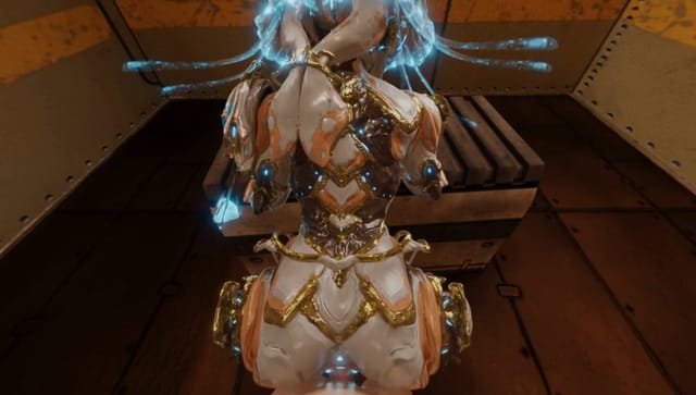 CGI model Ivara in doggy style pose within a Warframe setting, presented in 4K 180 degree VR parody format.