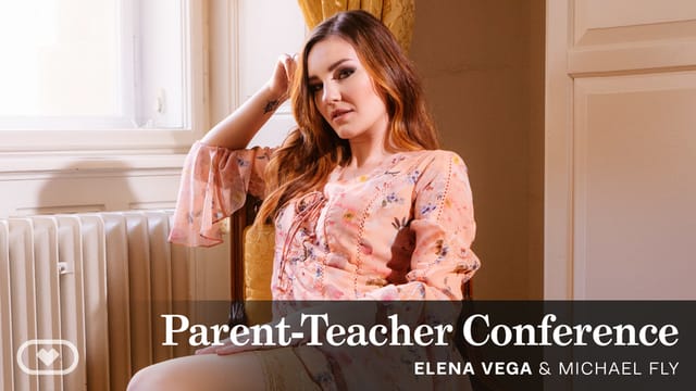 Elena Vega performs anal and vaginal sex in a POV VR video set at a parent teacher conference with European model Elena Vega