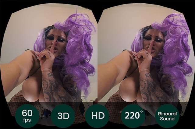 Brunette Samantha Mack facesits in a dressing room wearing a stripper dress in 4K VR footage.