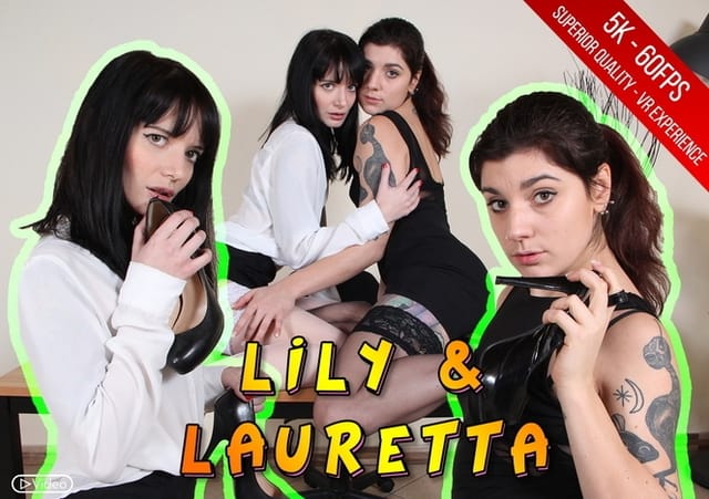 Brunette models Lauretta and Lily remove lingerie and stockings in a 4K VR fetish scene filmed in 60 frames per second.
