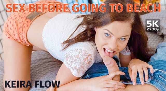 Keira Flow performs a blowout outdoors in a VR POV scene before going to the beach in 60fps premium footage.