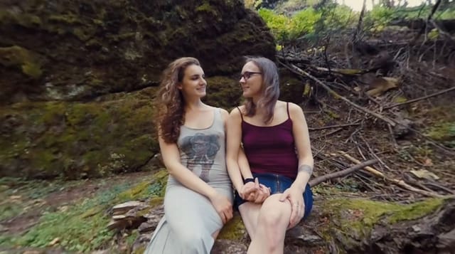 Endza and Sierra Cirque interview outdoors in 4K VR with brunette models in a softcore scene by YanksVR.