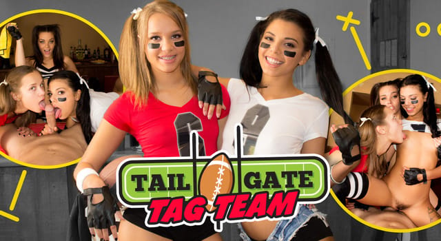 Liza Rowe, Gina Valentina, and Kimber Woods engage in group sex and kissing during a POV tailgate party in this WANKZVR 60 FPS VR video.