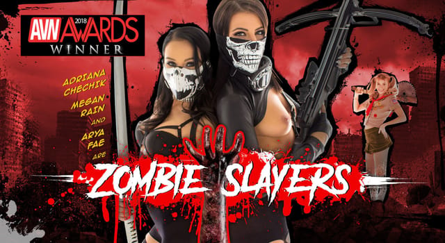 Adriana Chechik Megan Rain and Arya Fae perform group sex and oral scenes in a horror VR setting with 60fps gameplay visuals.