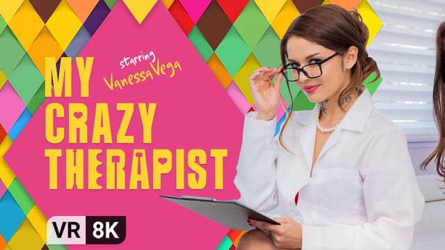 Brunette Vanessa Vega performs oral sex in lingerie during a VR therapy session in 4K 60 FPS.