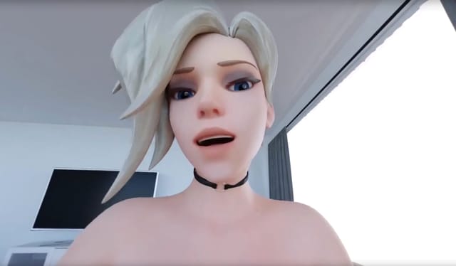 CGI character Mercy poses closely on a couch in this 4K 180-degree VR experience produced by RapidBananaCannon.