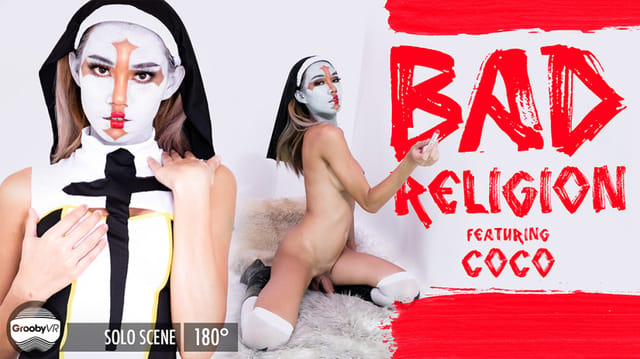 Brunette Coco performs solo anal in a VR video featuring 4K resolution and 180 degree views.