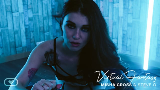 Misha Cross in a garter belt performs a POV blowjob with dirty talk in a Virtual Real Porn VR video