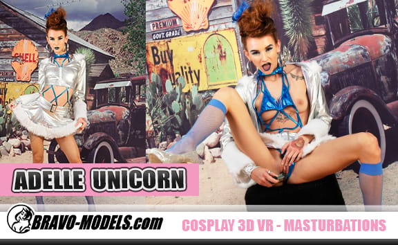 Brunette Adele Unicorn in cosplay performs a solo VR scene in 4K resolution with 60 FPS smoothness
