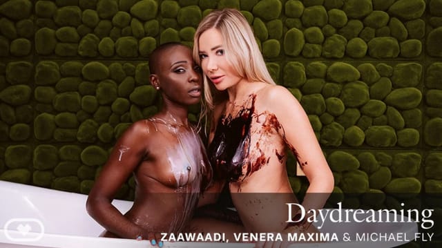 Real Zaawaadi and Venera Maxima kiss and perform vaginal sex in this VR POV video with 60 FPS interracial content.