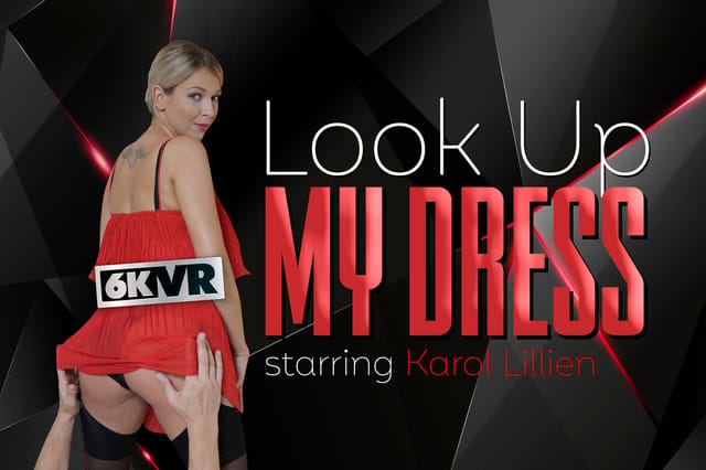 Karol Lilien in a garter belt and stockings performs an upskirt POV orgasm, filmed in 4K VR with a look up camera angle.