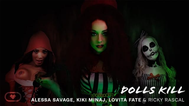 Alessa Savage, Lovita Fate, and Kiki Minaj perform horror-themed anal and blowjob scenes in a VR POV gangbang production.