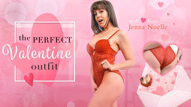 Brunette Jenna Noelle in a Valentine outfit poses solo in 4K VR with 60 FPS playback for immersive viewing.