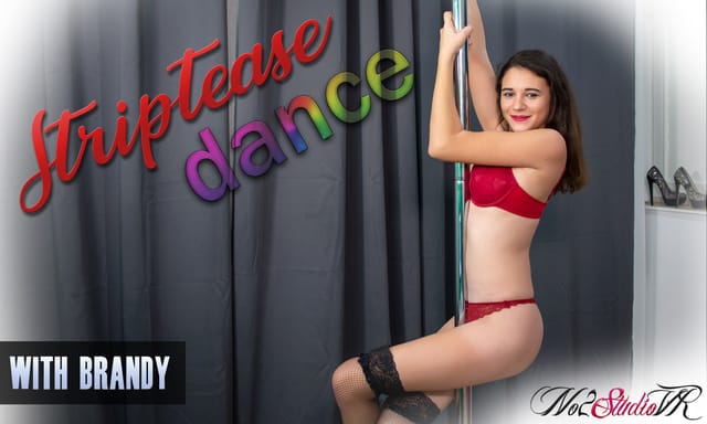 Brunette model Brandy performs a solo strip tease dance in a VR video featuring 4K resolution and 60 FPS playback.