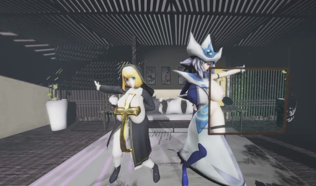 CGI anime woman in witch outfit performs 180 degree VR action in fantasy setting with 5K resolution and passthrough view.