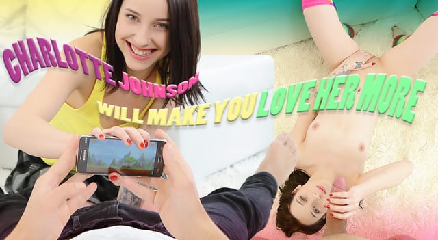 European teen Charlotte Johnson performs a POV blowjob in high frame rate VR with realistic passthrough visuals and 4K resolution.