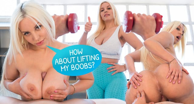 Blondie Fesser performs a blowjob and titty fuck in a VR POV workout scene with RealJamVR