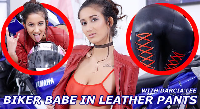 Darcia Lee in leather pants poses solo in VR 60fps European production with peachy assets and perky tits.