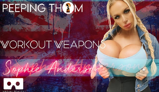 Sophie Anderson performs solo British VR porn in 4K with big tits in a studio setting.
